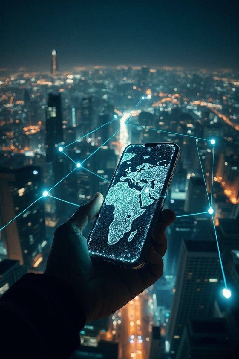 Mano sosteniendo un celular con un mapa del mundo sobre una ciudad iluminada de noche y líneas de conexión