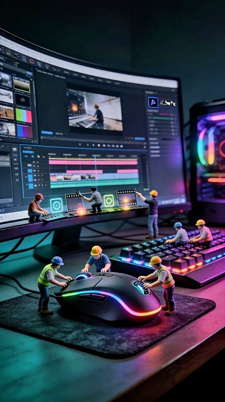 Pequeñas figuras de trabajadores haciendo mantenimiento a un computador, teclado y mouse iluminados